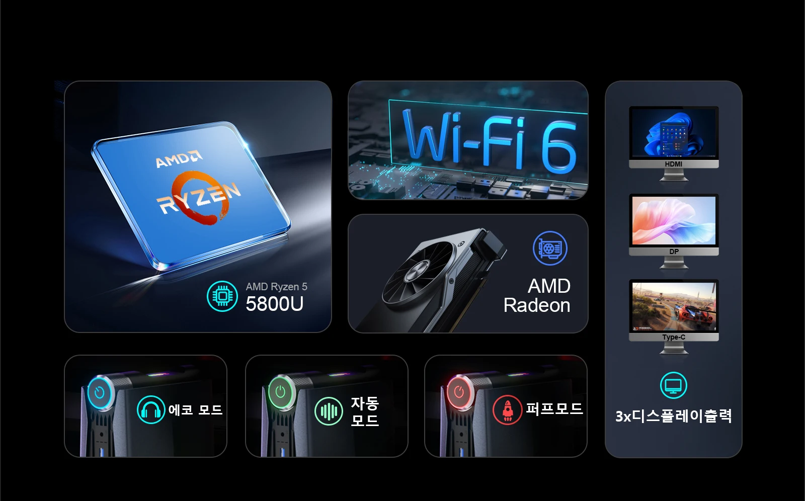 AMR5 미니 PC는 AMR 라이젠 7 5800U, Wifi 6, 화려한 RGB 조명 효과와 함께 세 가지 성능 조정 모드를 갖춘 풍부한 구성으로 제공됩니다. 또한 세 개의 디스플레이를 동시에 운영할 수 있습니다.