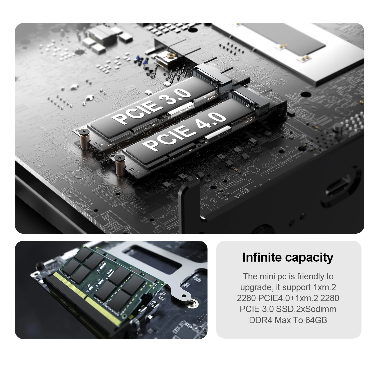 Chatreey IT12-F поддерживает двухканальные твердотельные накопители с PCIE3.0 и PCIE4.0, поддерживает два модуля памяти DDR4 и может вместить до 64 ГБ, удовлетворяя потребности в хранении данных.