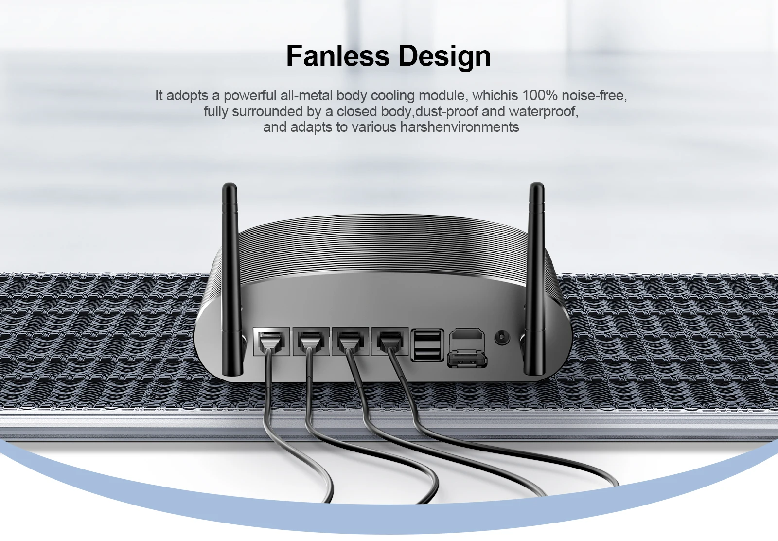 The Chatreey MR02 Mini PC features a fanless design, making it quieter. It uses a seamless metal design, enhancing heat dissipation while being dust and water-resistant, suitable for harsh industrial environments.
