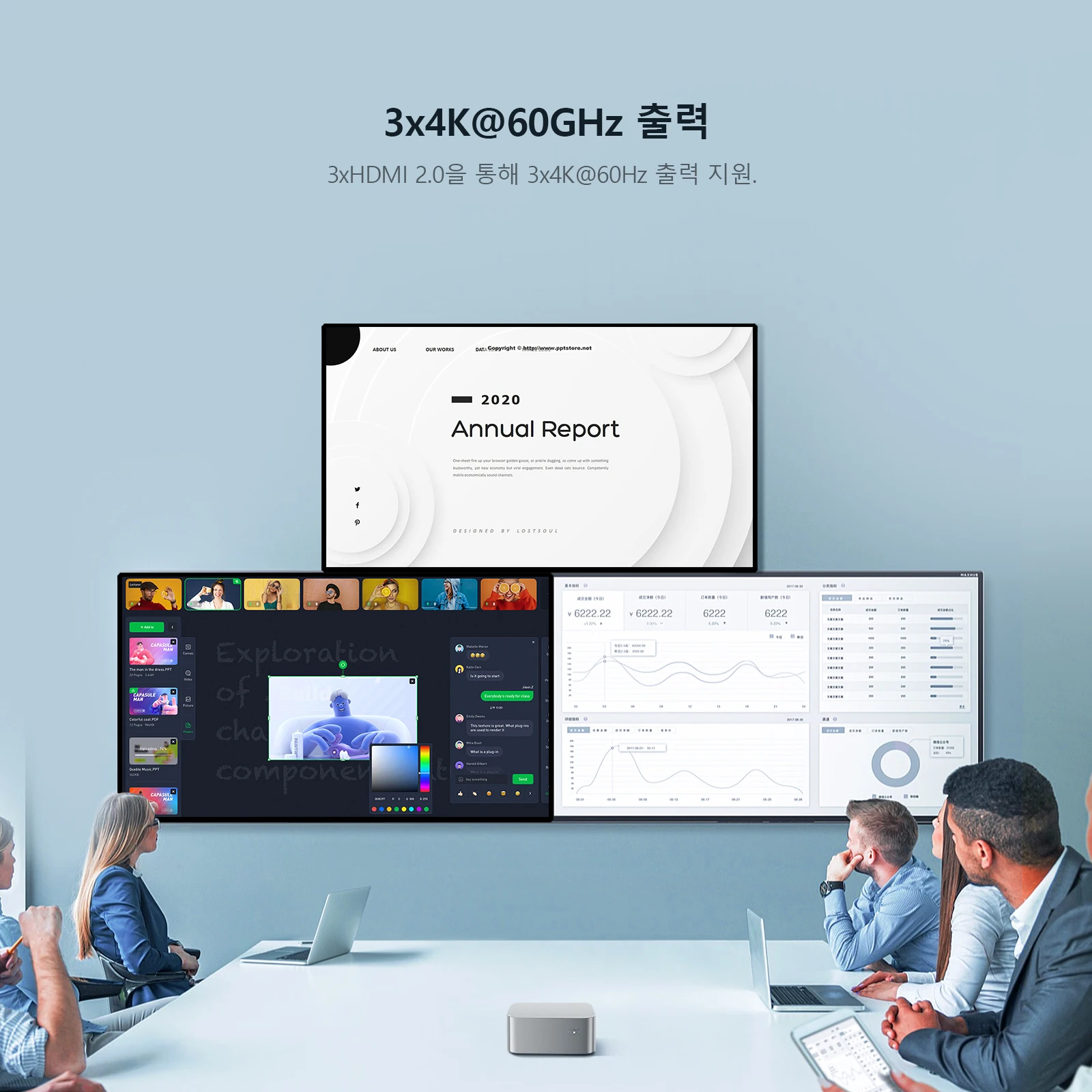 Chatreey T8 미니 PC는 최대 4K 60Hz의 출력으로 3개의 HDMI 디스플레이를 지원하여 더 나은 시각적 경험을 제공합니다.