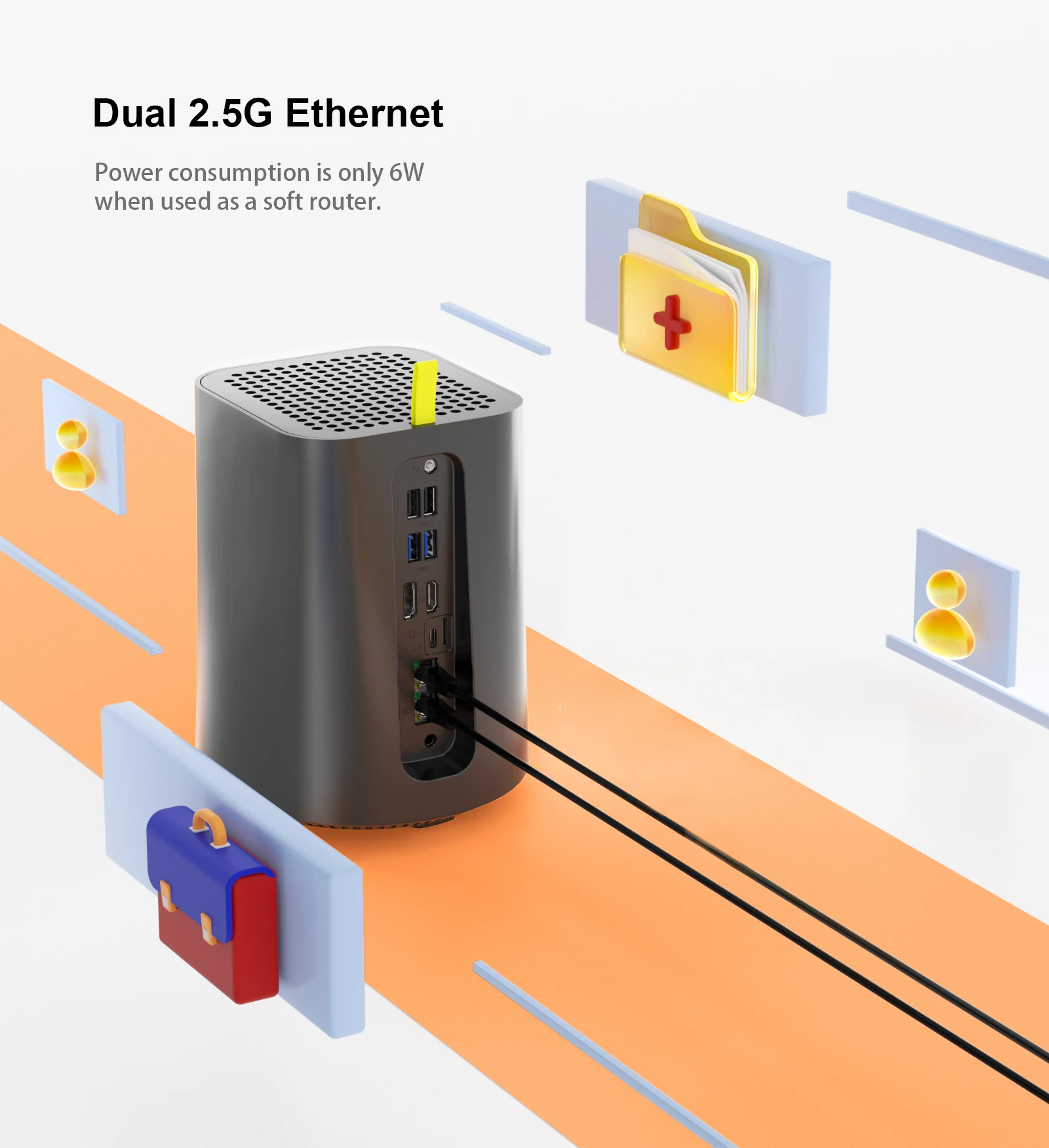 The Chatreey NAS Mini PC is equipped with two 2.5G network ports. It features powerful performance and a compact design, making it ideal for home or small office network use. Additionally, it has very low power consumption, only 6W, making it highly energy-efficient and capable of effectively reducing energy usage, which is perfect for long-term operation needs.