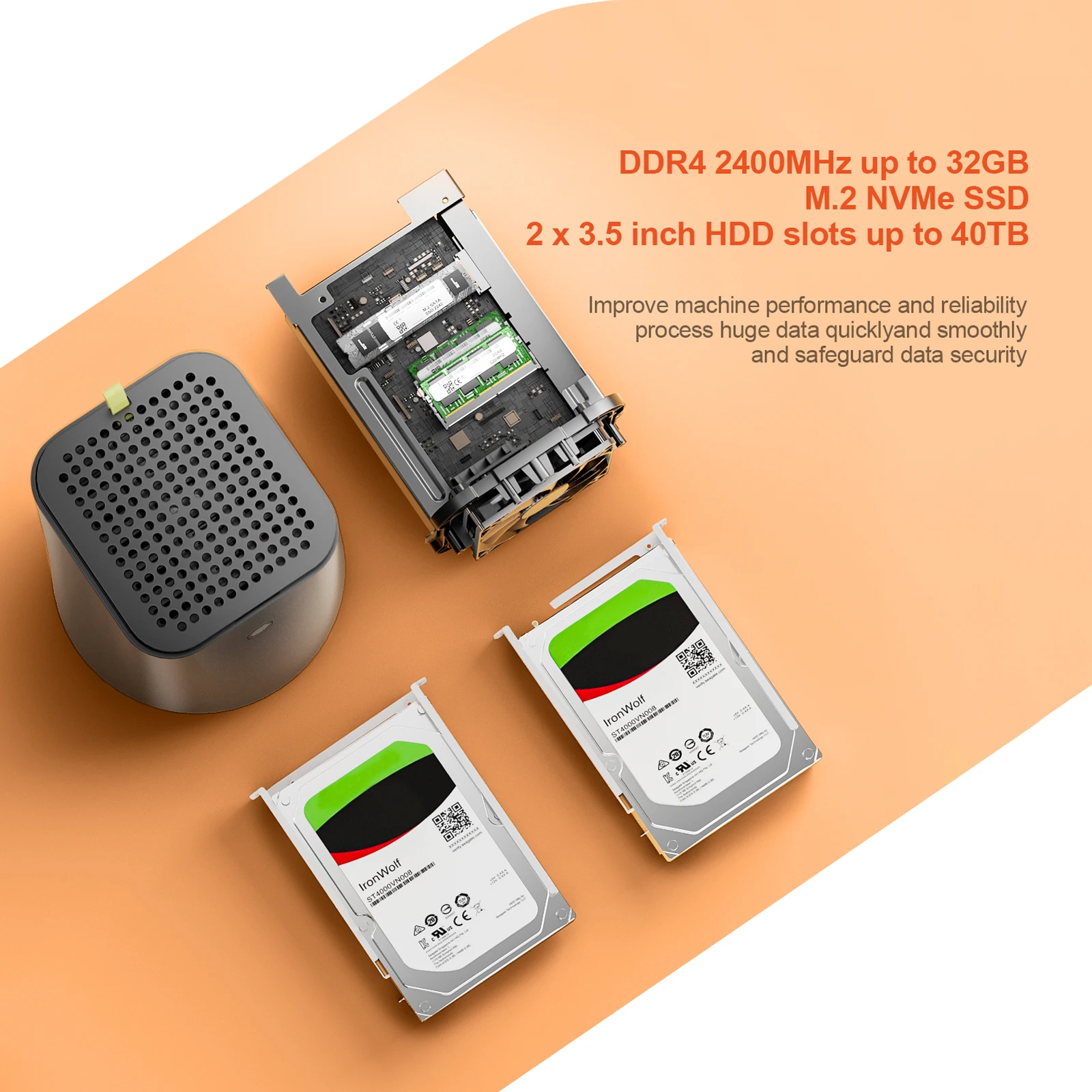 The Chatreey NAS Mini PC features two memory slots supporting up to 32GB of RAM, a hard drive interface supporting up to 2TB, and two 3.5-inch mechanical hard drive bays supporting up to 40TB.