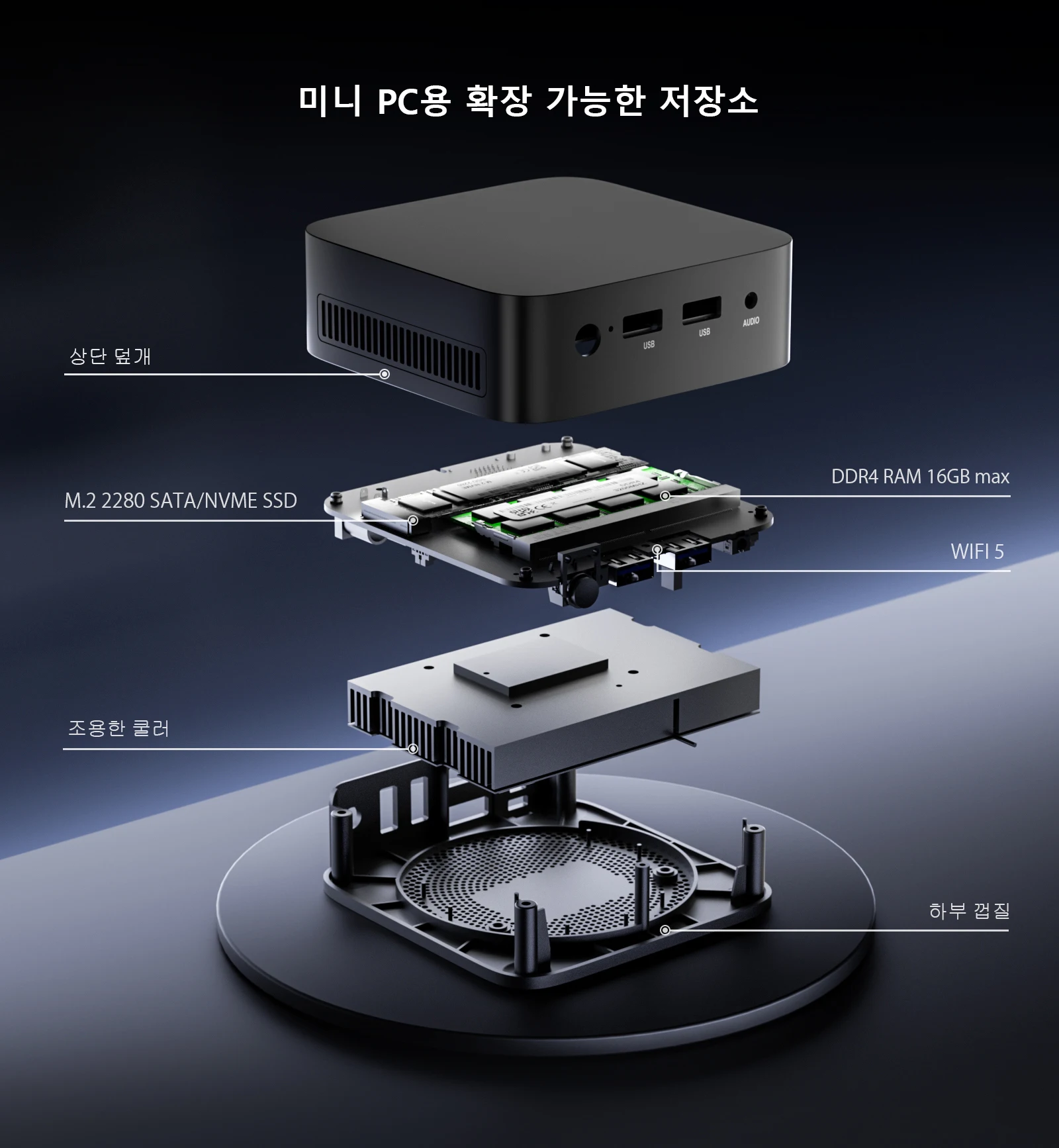 챠트리 T10 미니 PC는 M.2 2280 SATA/NVME SSD 인터페이스를 갖추고 있으며, 최대 16GB의 DDR4 메모리 인터페이스를 지원하고, 조용한 작동을 위한 무소음 팬이 특징입니다.