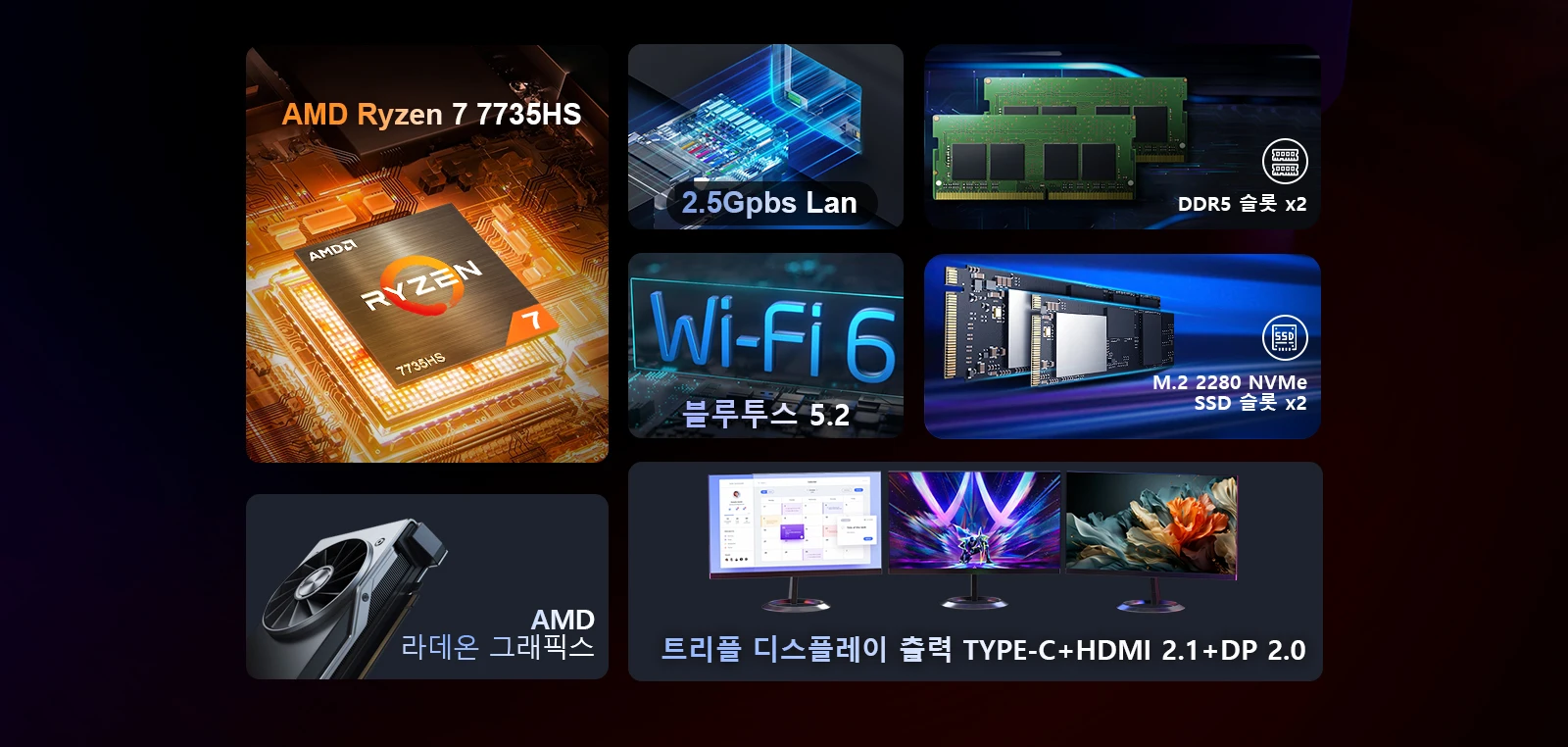 Chatreey AN3P 미니 PC는 AMD Ryzen 7 7735HS 프로세서, 듀얼 채널 DDR5 메모리(최대 64GB), 듀얼 NVMe SSD 슬롯(최대 2TB)을 특징으로 하며, Wi-Fi 6 및 Bluetooth 5.2를 탑재하고, 2.5Gbps LAN을 지원하며, TYPE-C, HDMI 및 DP를 통해 트리플 디스플레이를 지원합니다.