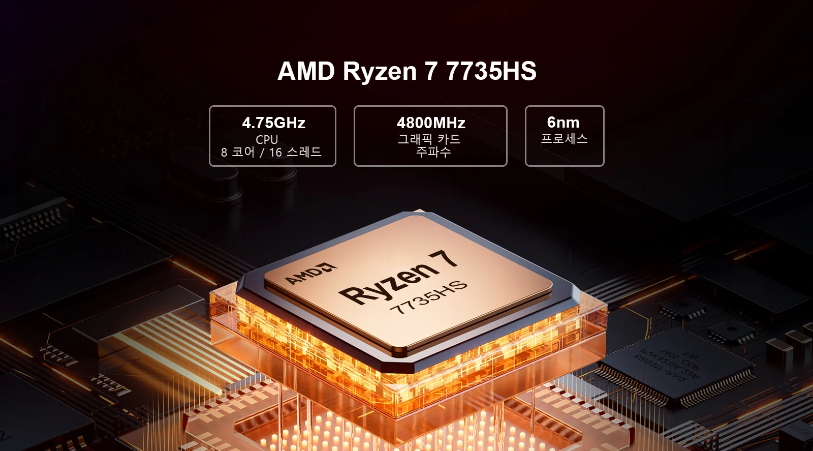 Chatreey AN3P 미니 PC는 8개의 코어와 16개의 스레드를 갖춘 AMD Ryzen 7 7735HS 프로세서를 탑재했으며, 4.8GHz의 클럭 속도, 4800MHz의 그래픽 카드 주파수, 그리고 6nm 공정 기술을 특징으로 합니다.