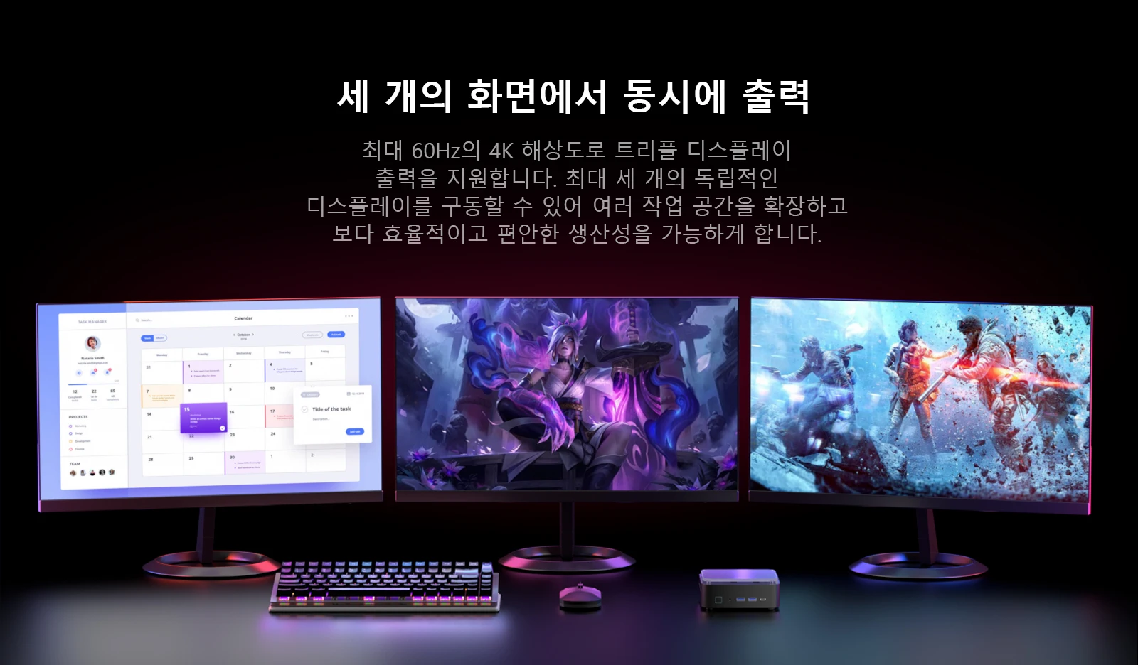 Chatreey AN3P는 TYPE-C + HDMI + DP 트리플 디스플레이 출력을 지원하며, 최대 4K 60Hz 해상도로 화면 공간을 확장하고 작업 효율성을 향상시킵니다.