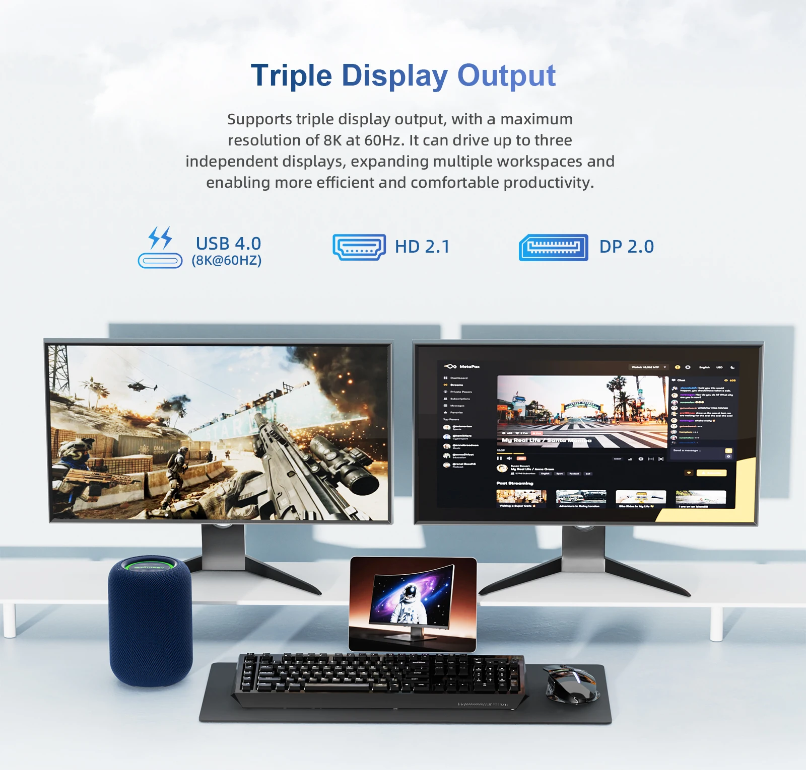  Chatreey EXR1 Multi-Display Expansion: USB4.0 + HDMI 2.1 + DP 2.0 combination enables up to three display outputs, supporting up to 8K@60Hz ultra-high-definition video playback.