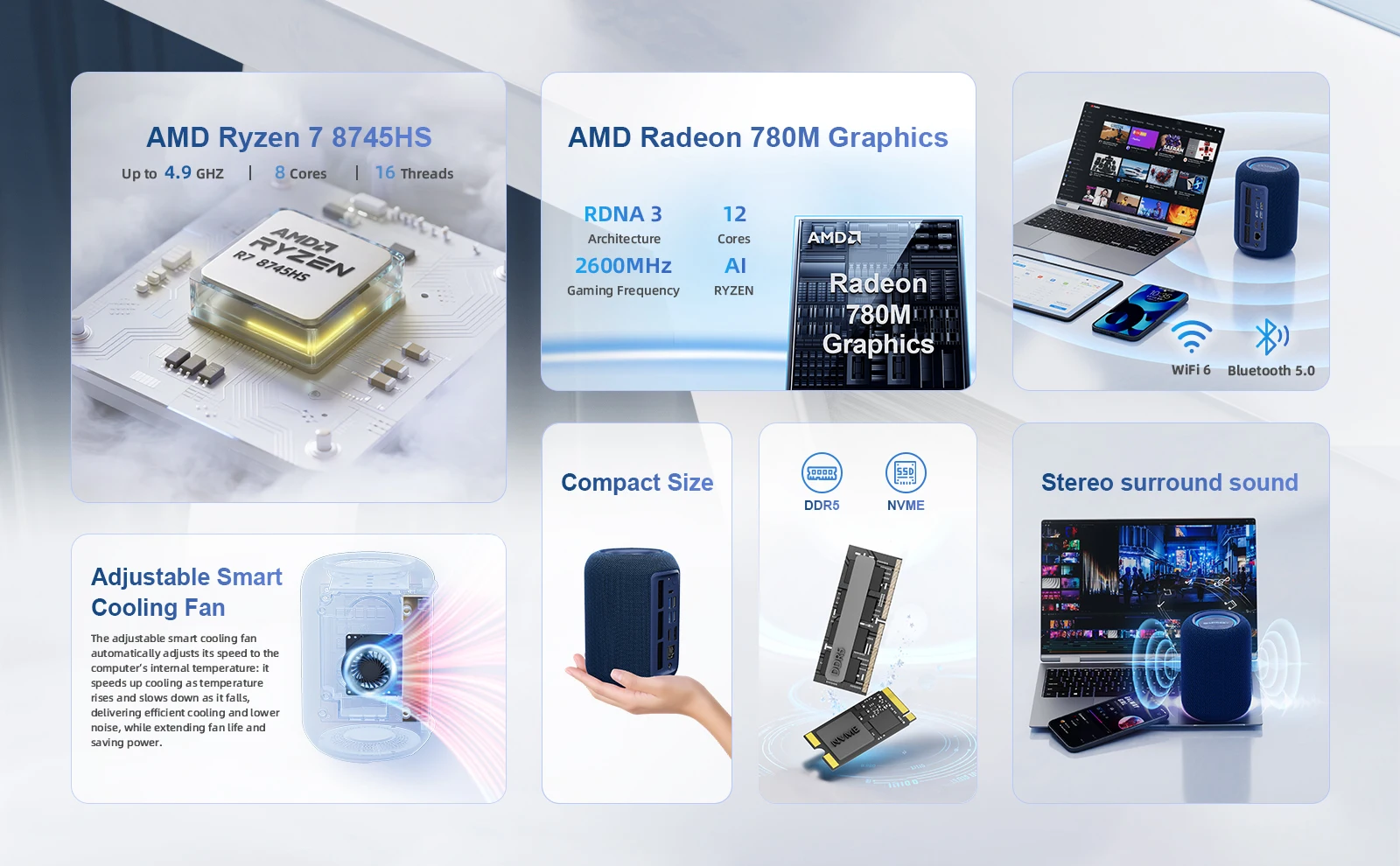 Chatreey EXR1 MIni PCEquipped with an AMD Ryzen 7 8745HS processor, boosting up to 4.9GHz, featuring 8 cores and 16 threads. Includes Wifi 6 and Bluetooth 5.0. Features dual DDR5 memory slots and two NVMe SSD interfaces. Also equipped with built-in speakers.