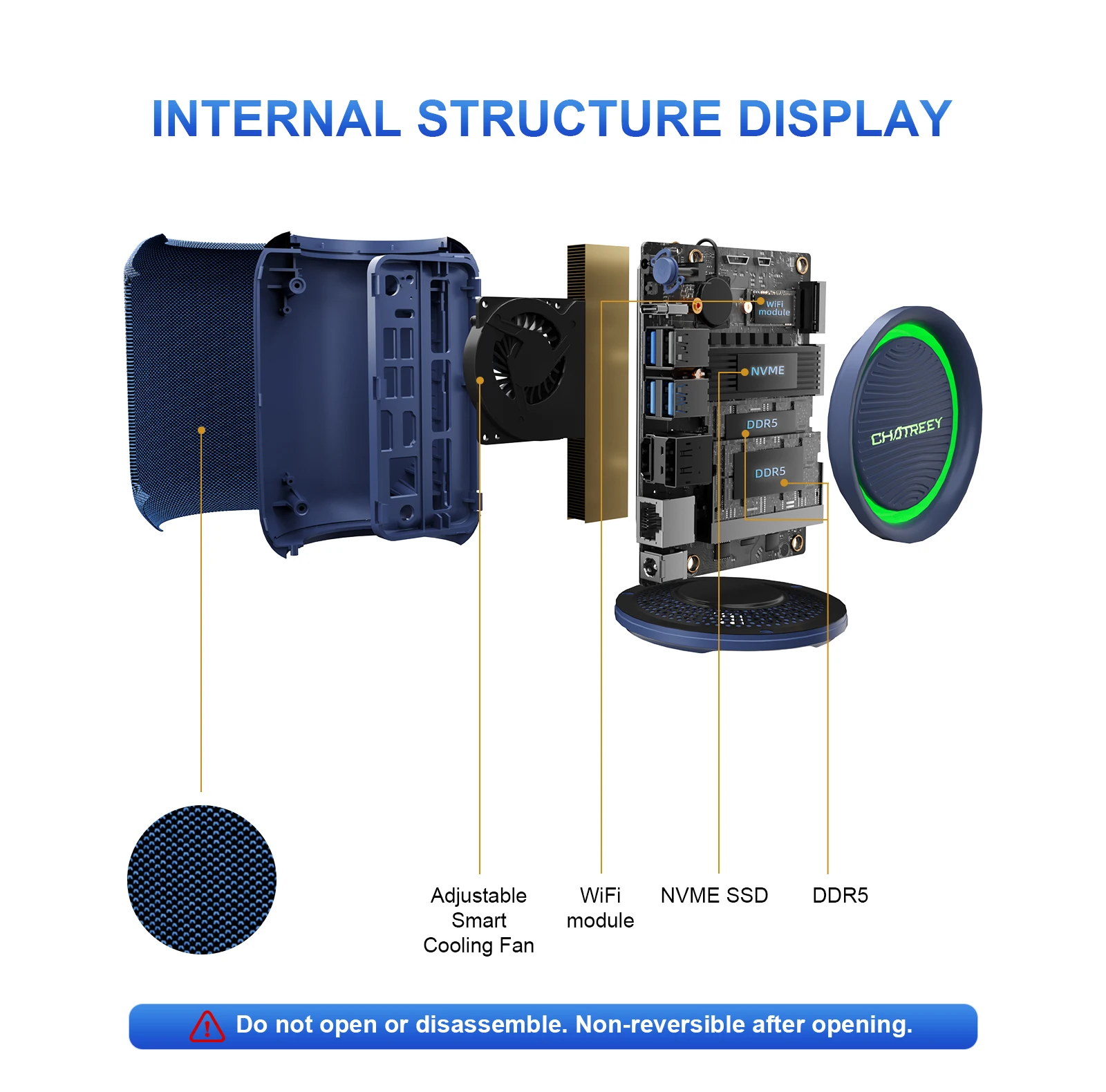 The Chatreey EXR1 features dual DDR5 memory slots, an NVME hard drive interface, and adjustable fan(s). This machine is not user-serviceable (or cannot be disassembled).