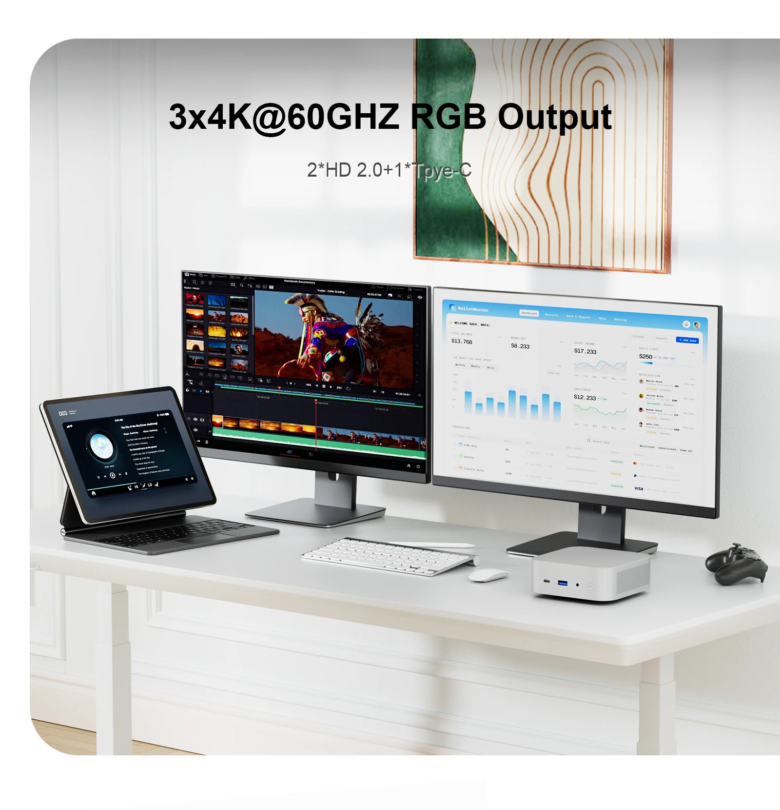 The chatreey T8 mini PC supports up to 3*4K 60GHz video output, with 2 HDMI ports and one TYPE-C port.