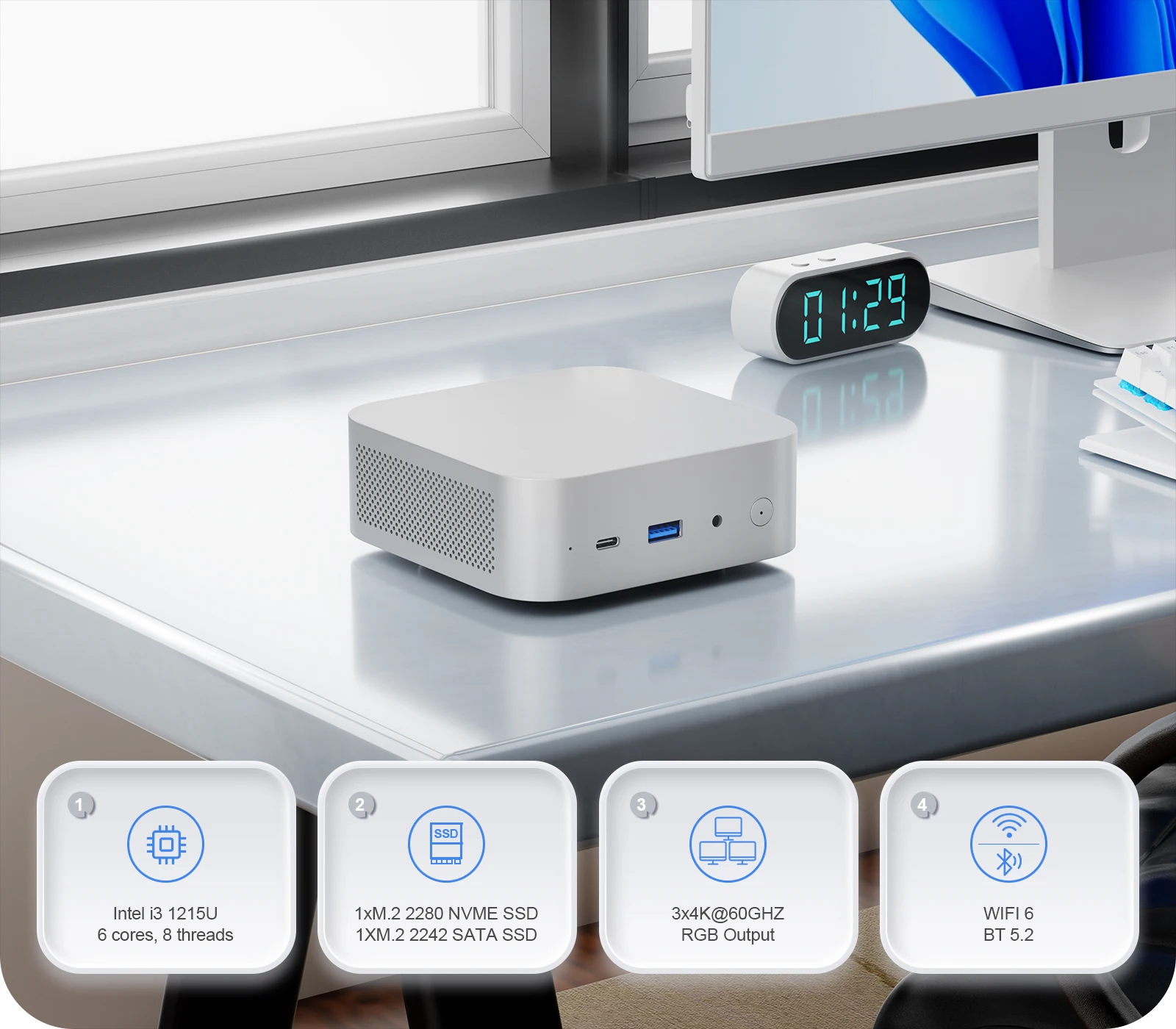 chatreey T8 mini PC, featuring a 1215u CPU with 6 cores and 8 threads, includes a 2280 NVMe solid-state drive interface and an M.2 2242 SATA hard drive interface, supports 3*4K 60GHz video output, and is equipped with WIFI6 and BT5.2.