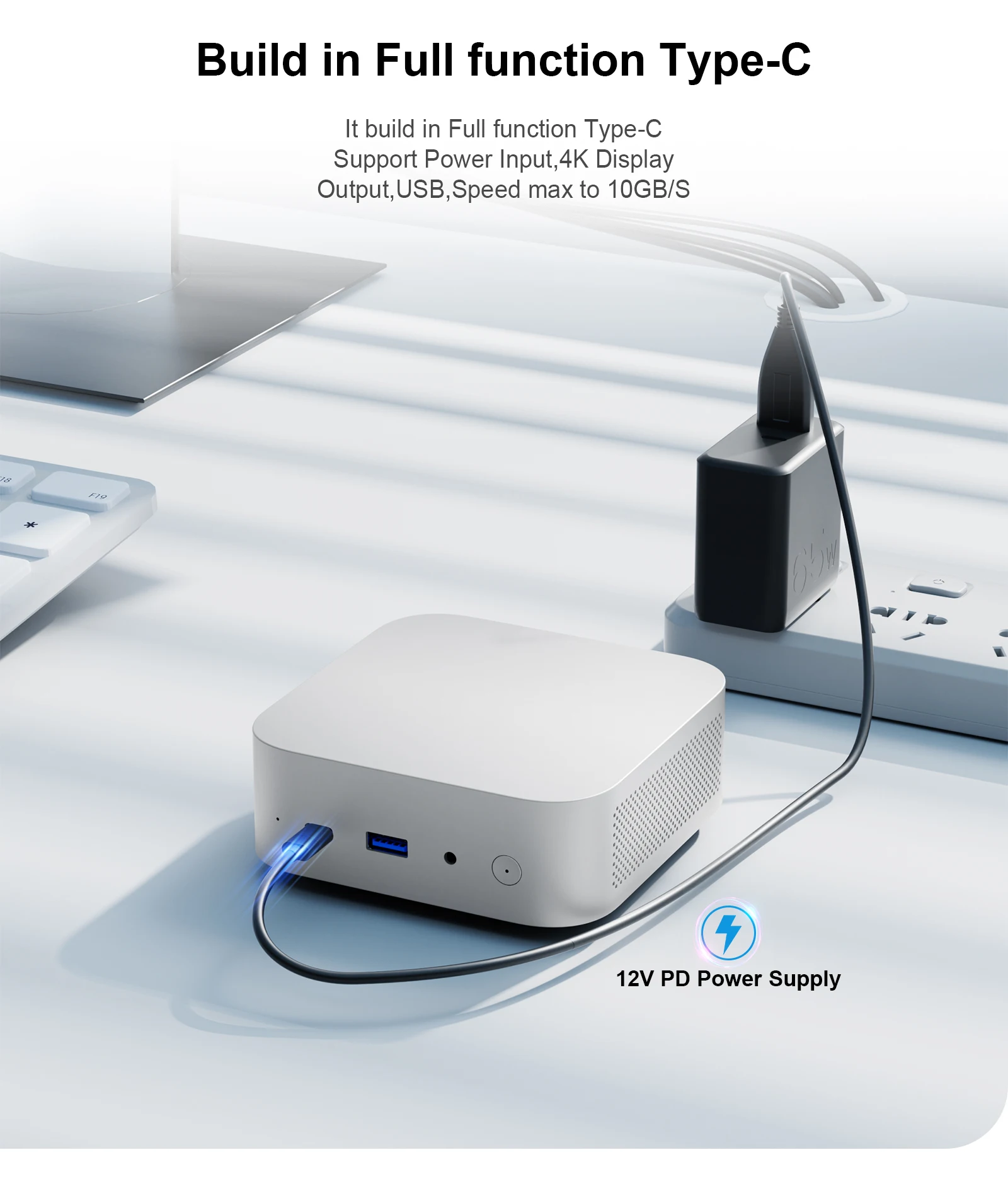 The Chatreey T8 mini PC features a full-function Type-C port with support for video output and PD power delivery. It offers a maximum output of up to 10GB/s.