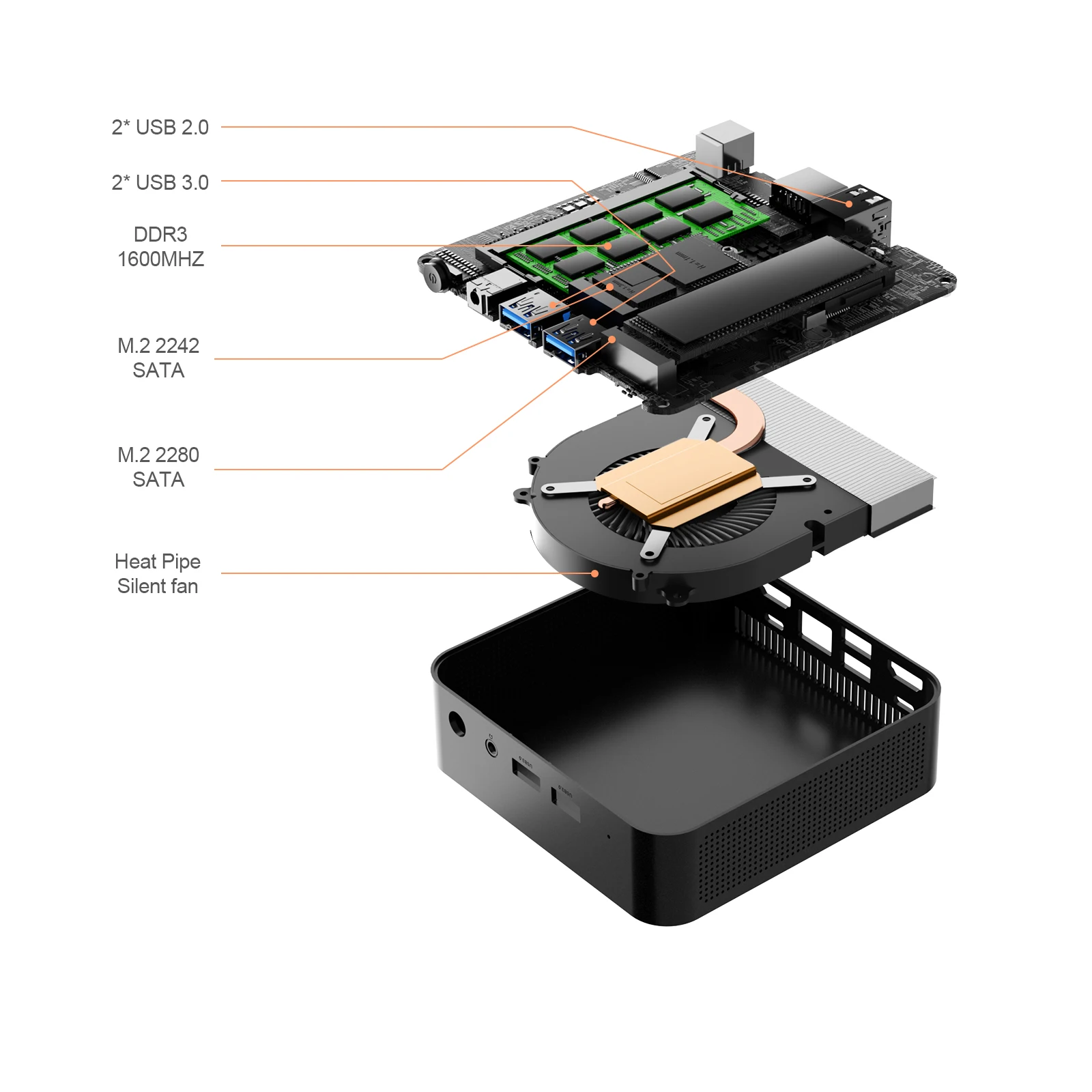 The Chatreey T9 Mini PC is equipped with M.2 2280 NVMe and M.2 2242 SATA SSD interfaces, providing flexible storage expansion. In terms of memory, it is equipped with DDR3 1600 slots, ensuring smooth and seamless operation.